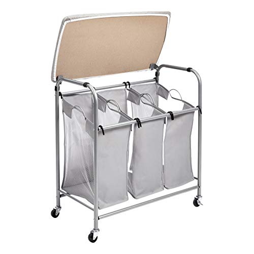 Amazon Basics 3-Bag Rectangular Laundry Sorter with Ironing Board Top, 33.07"L x 31.5"W x 16.14"H, Gray