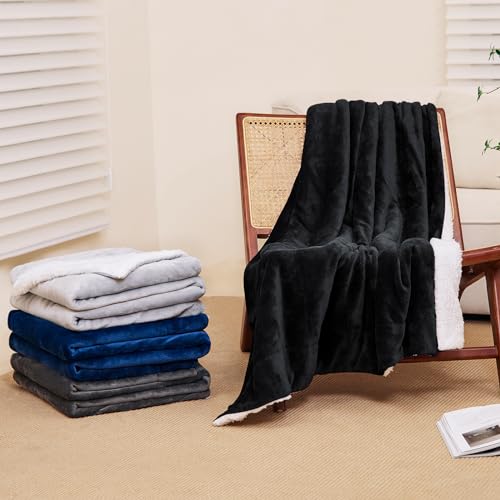 Sherpa Fleece Throw Blanket - Thick and Warm Blanket for Winter, Warm Plush Fleece Reversible Blanket for Bed, Sofa, Couch, Camping and Travel, Black, 50x60 Inches
