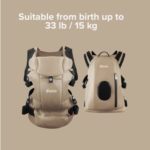 Diono Carus Complete 4-in-1 Baby Carrier with Detachable Backpack, Front Carry & Back Carry, Newborn to Toddler up to 33 lb / 15 kg, Sand