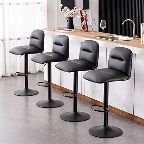YOUTASTE Black Bar Stools Set of 2 PU Leather Upholstered Counter Height Barstools Adjustable 360 Swivel Metal Thickened High Back Bar Chairs Kitchen Island Stools