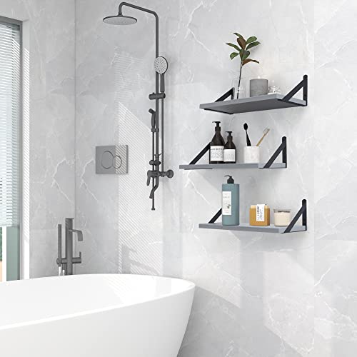 Fun Memories Floating Shelves for Wall Set of 3, Modern Grey Wall Mounted Shelves for Home Decor Storage, Floating Book Shelf Bathroom Shelf with Visible Bracket