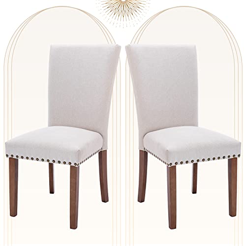 COLAMY Upholstered Parsons Dining Chairs Set of 2, Fabric Dining Room Kitchen Side Chair with Nailhead Trim and Wood Legs - Beige