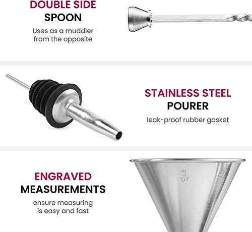 FineDine 14-Piece Cocktail Shaker Set Bartender Kit - Boston Shaker w/Strainer, Bar Jigger, Bar Spoon & More - Full Stainless Steel Cocktail Set w/Bar Tools - Drink Mixer Bar Set - Bar Accessories