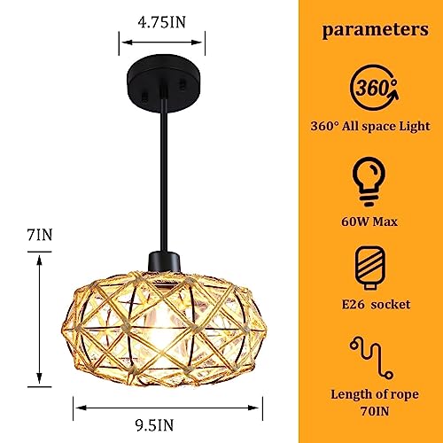 uznhty Rattan Pendant Lights Kitchen Island Woven Boho Chandelier Farmhouse Hanging Lighting Hemp Rope Adjustable Semi Flush Mount Ceiling Light Rattan Light Fixture for Dinning Room Bedroom Hallway