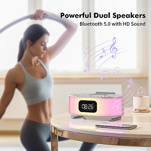 Digital Alarm Clock, Wireless Charger, Bluetooth Speaker, Snooze, Dual Alarms Sleep Timer 12 24H, Natural Sounds, Adjustable Night Light for Bedroom with 12 Colors, Ideal Gift for Heavy Sleepers