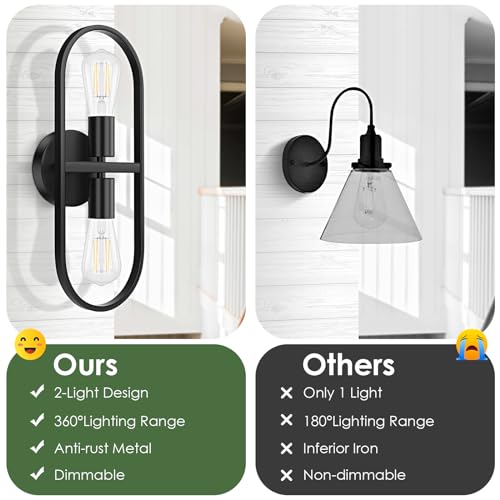 Industrial 2-Light Black Wall Sconces Set of 2, Up and Down Metal Wall Light Fixtures, Vintage Vanity Light Fixtures, Indoor Wall Sconces Lighting for Living Room Bedroom Hallway Bathroom, No E26 Bulb