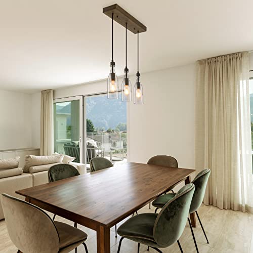 LNC Wooden Pendant Lights, 3-Height Adjustable Bottle Glass Pendant Lighting, Clear Glass Bottle Inspired Lighting Fixture