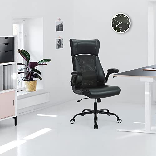 Home Office Chair, Ergonomic Desk Chair with Flip-Up Arm, Office Mesh Chair Leather Computer Chair High Back with Lumbar Support Executive Height Adjustable Rolling Swivel Task (Black)