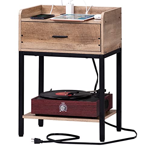 Lerliuo Nightstand with Charging Station and USB Ports, 3-Tier End Side Table with Storage Drawer and Shelf, Modern Bedside Night Stand for Bedroom, Living Room- Greige and Black