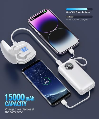 LOVELEDI Power Bank, Portable Charger, 15000mAh PD 30W Fast Charging, Built in Type-C and iOS Output Cables Equipped with LED Display for iPhone Series and Most Electronic Devices(White)