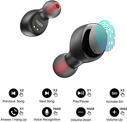 TOZO T6 True Wireless Earbuds Bluetooth 5.3 Headphones Touch Control with Wireless Charging Case IPX8 Waterproof Stereo Earphones in-Ear Built-in Mic Headset Premium Deep Bass Black (2022 Upgraded)