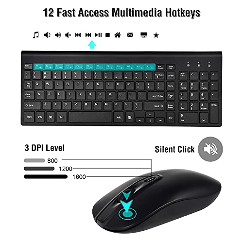 Wireless Keyboard Mouse Combo, Energy Saving Silent Ultra - Thin Full Sized Wireless Keyboard Mouse 3 Level DPI Adjustable Mouse for Computer, Laptop and Desktop