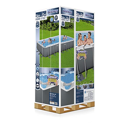 Bestway Power Steel 24' x 12' x 52" Rectangular Metal Frame Above Ground Swimming Pool Set with 1500 GPH Sand Filter Pump, Ladder, and Pool Cover