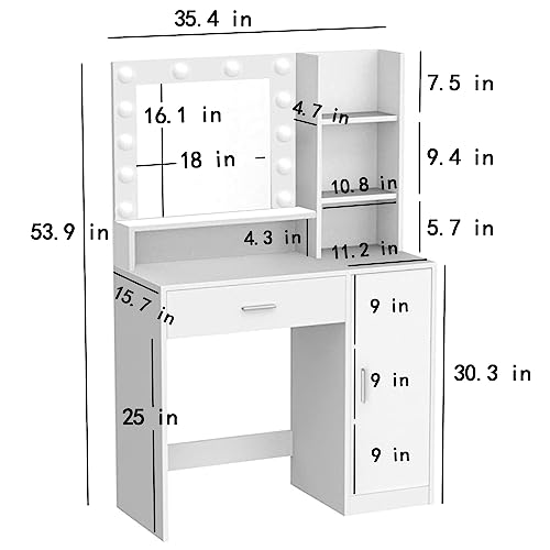 Palimder Vanity Desk with Mirror & Light, Large Drawer & Three Level Storage Dresser, 3 Lighting Modes Adjustable Brightness, Bedroom Dressing Table (White)