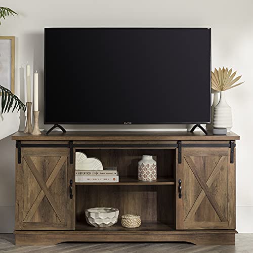 Walker Edison Richmond Modern Farmhouse Sliding Barn Door Stand for TVs up to 65 Inches, Without Fireplace, Rustic Oak