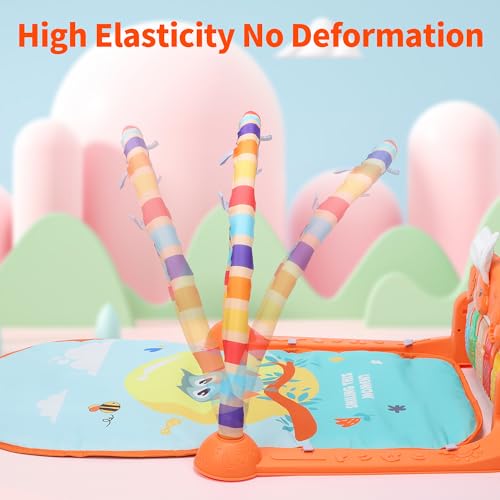 HOLYFUN Baby Gym Play Mat, Play Piano Gym with Sound & Light,Tummy Time Activity Mat with Baby Rattles for Sensory and Motor Skill Development, Musiacl Activity Center for Newborn Baby, Orange