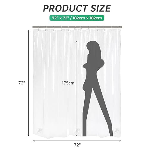 AmazerBath Plastic Shower Curtain, 72 x 72 Inches PEVA Heavy Duty Clear Shower Curtain, Waterproof Heavy Weight Thick Bathroom Curtain with 3 Big Clear Weighted Stones and 12 Rustproof Grommet Holes