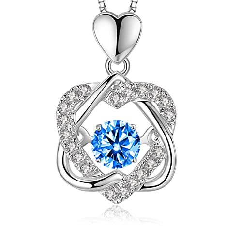 Sparkling Dancing Diamond Necklace - Dainty 925 Sterling Silver Pendant with Cubic Zirconia Birthstones for Women and Girls - Ideal Gift for Valentine's Day, Christmas (HeartBlue)