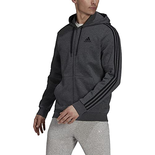 adidas Men's Essentials Fleece 3-Stripes Full-Zip Hoodie, Dark Grey Heather, Medium