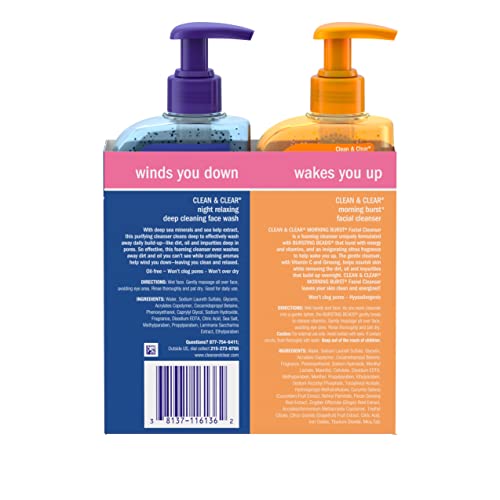 Clean & Clear 2-Pack of Day & Night Face Wash with Citrus Morning Burst Facial Cleanser with vitamin C + cucumber and Night Relaxing Face Wash, Oil-Free facial cleanser, hypoallergenic face wash