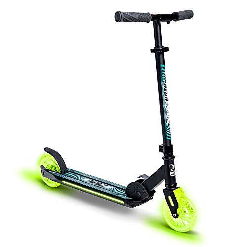 Yvolution Neon Flash Foldable Kids Scooter with Light up Wheels, Easy Folding Scooter with 2 Light up Wheels and and Rear Brake, Adjustable Height LED Scooer, Dynamic Lights Kick Scooter for Kids 5+