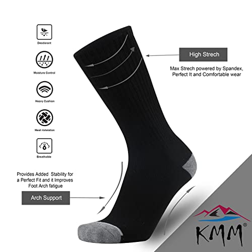 KMM Men's Cotton Full Thick Cushion Crew Socks Moisture Control Heavy Duty Work Western Boot Warm Thermal Anti Sweat Blisters(Black L)