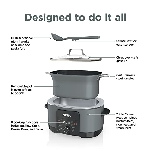 Ninja MC1001C Foodi PossibleCooker PRO 8.5 Quart Multi-Cooker, with 8-in-1 Slow Cooker, Dutch Oven, Steamer & More, Glass Lid & Integrated Spoon, Nonstick, Oven Safe Pot to 500°F, Sea Salt Gray