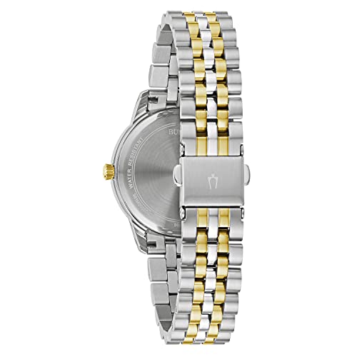 Bulova Ladies' Classic Diamond Two-Tone Gold Stainless Steel 3-Hand Calendar Date Quartz Watch, Silver Dial Style: 98P197