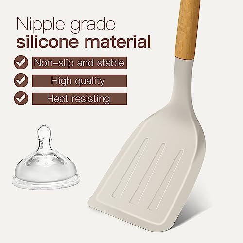 Kitchen Cooking Utensils Set, 14 Non-Stick Silicone Cooking Kitchen Utensils Spatula Set with Holder, Wooden Handle Silicone Kitchen Gadgets Utensil Set for Nonstick Cookware (Khaki)