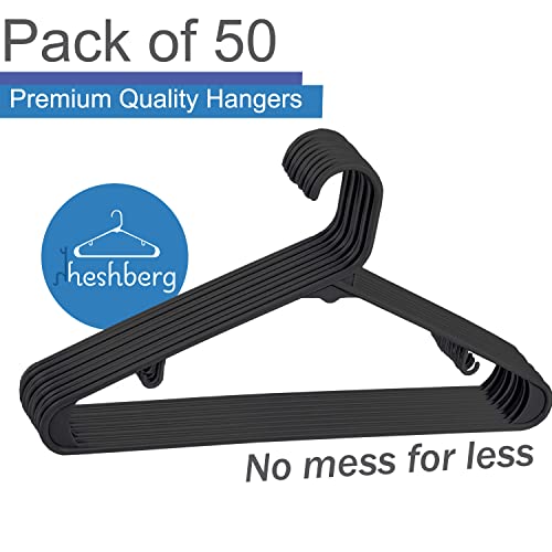 Heshberg Plastic Hooks Hangers Space Saving Tubular Clothes Hangers Standard Size Ideal for Everyday Use on Shirts, Coats, Pants, Dress, Skirts, Etc. (50 Pack) (Black)