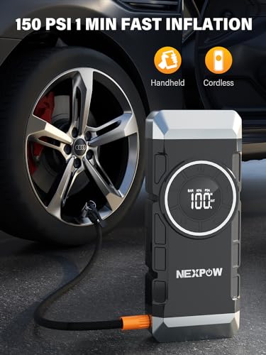 NEXPOW Car Battery Jump Starter 2000A Peak with Air Compressor,12V 150PSI Portable Jumpstart Box for Up to 8L Gas 8L Diesel Engine, PD18W Quick Charging, Force Start Button