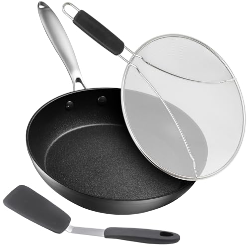 Frying Pans Nonstick - 10" Non Stick Frying Pan with Lid Splatter Screen - Lightweight Aluminum Fry Pan Skillet Includes Spatula - 2" Deep Egg Pan, PFAS-Free and PFOA Free, Dishwasher Safe, Oven Safe