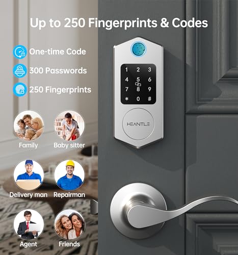 HEANTLE Smart Front Door Lock Set, 8-in-1 Fingerprint Keyless Entry Door Lock with App Control, Electronic Touchscreen Keypad Deadbolt with 2 Lever Handles, Auto Lock,Easy Installation, Silver