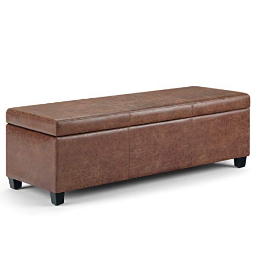 SIMPLIHOME Avalon 48 inch Wide Rectangle Lift Top Storage Ottoman Bench in Upholstered Distressed Umber Brown Faux Leather with Large Storage Space for the Living Room, Entryway, Bedroom