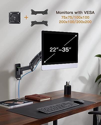 HUANUO Ultrawide Monitor Wall Mount for up to 34 35 inch Flat Curved Screens, Single Wall Mount Monitor Arm Holds 26lbs Max, Height Adjustable Full Motion Gas Spring Vesa Mount, Max 200x200mm, HNWSS4