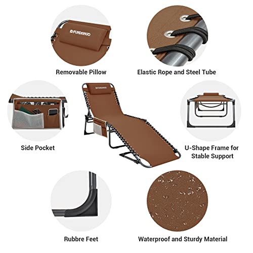 FUNDANGO Folding Outdoor Chaise Lounge Chair, 5-Position Adjustable Lounge Chair for Lawn, Patio, Beach, Sunbathing, Deck, Portable Heavy-Duty Camping Reclining Chair with Pillow, Khaki
