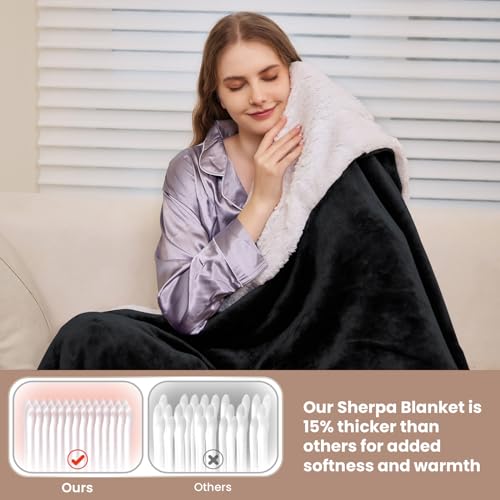 Sherpa Fleece Throw Blanket - Thick and Warm Blanket for Winter, Warm Plush Fleece Reversible Blanket for Bed, Sofa, Couch, Camping and Travel, Black, 50x60 Inches