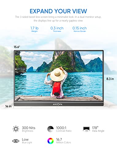ARZOPA Portable Monitor, 15.6'' 1080P FHD Laptop Monitor USB C HDMI Computer Display HDR Eye Care External Screen w/Smart Cover for PC Mac Phone Xbox Switch PS5-S1 Table
