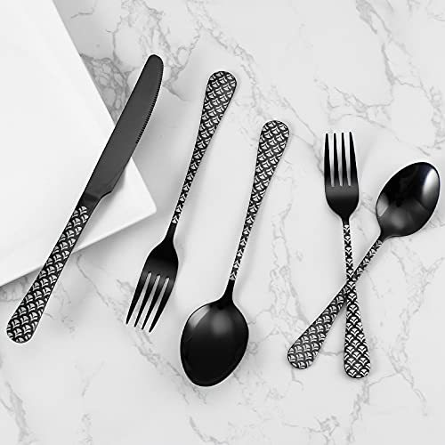 Black Silverware Set, YFBXG 20 Piece Black Sliverware Flatware Cutlery Set,Stainless Steel Black Utensil Set for 4,Knives and Forks and Spoons Sets With Patten Handle (Fan-shaped,Black)