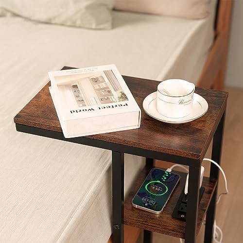HXXUYY C End Table with Charging Station, Small Side Table for Small Spaces Bedside Table with with USB Ports&Outlets, Narrow Side Table Skinny Nightstand for Living Room/Bedroom/Couch