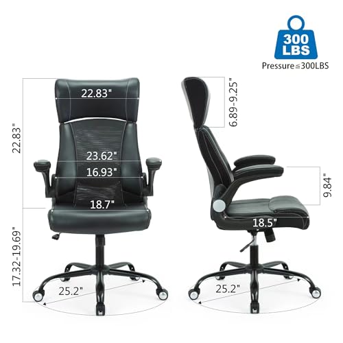 Home Office Chair, Ergonomic Desk Chair with Flip-Up Arm, Office Mesh Chair Leather Computer Chair High Back with Lumbar Support Executive Height Adjustable Rolling Swivel Task (Black)