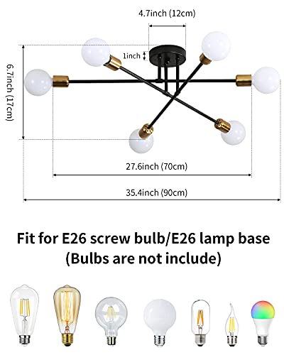Biewalk Mid Century Sputnik Chandelier Light Fixture Semi Flush Mount Ceiling Light Black for Living Room, Kitchen, Bedroom, Dining Room (6 Light)