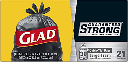 Glad Large Quick-Tie Trash Bags - Extra Strong 30 Gallon Black Trash Bag - 21 Count