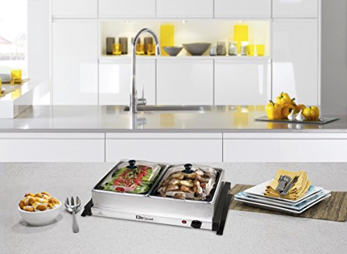 Elite Gourmet EWM-6122# Dual 2 x 2.5 Qt. Trays, Buffet Server, Food Warmer Temperature Control, Clear Slotted Lids, Perfect for Parties, Entertaining & Holidays, 5 Qt Total, Stainless Steel