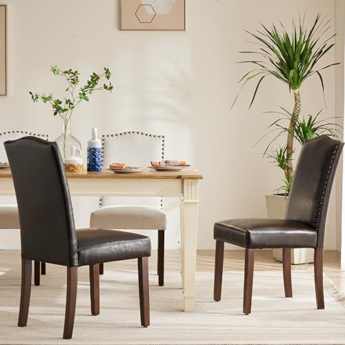 DUMOS Dining Chairs Set of 4, Leather Dining Room Chairs, Upholstered Parsons Chairs with Nailhead Trim and Wood Legs, Kitchen Side Chair for Living Room,Bedroom, Kitchen, Dark Brown