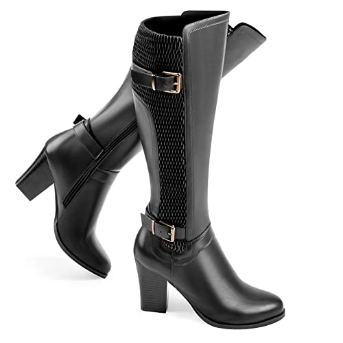 DCMBLY Knee High Boots Women Chunky Heel Almoud Toes Full Side Zipper Boots with Super Elasticity Embroidering Shrinked PU