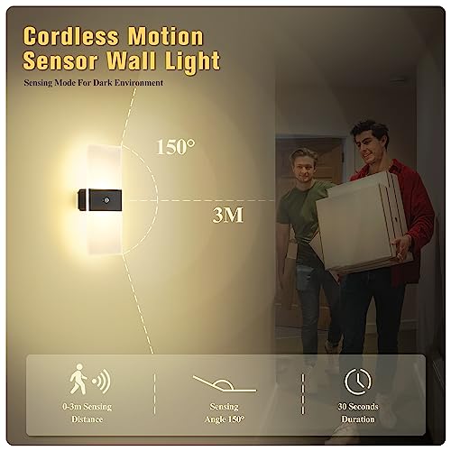 Battery Operated Wall Sconces Set of Two, Wireless Motion Sensor Wall Lights, Rechargeable Lamp Sconce Wall Lighting with 2-Mode for Hallway Stairway Bedroom Basement Living Room, LBD025-LED-BK2
