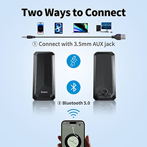 Bobtot Computer Speakers HiFi Stereo Sound - 2.0 Channel RGB Desktop Speakers PC Speaker with Bluetooth Volume Control USB Powered 3.5mm AUX-in Audio System