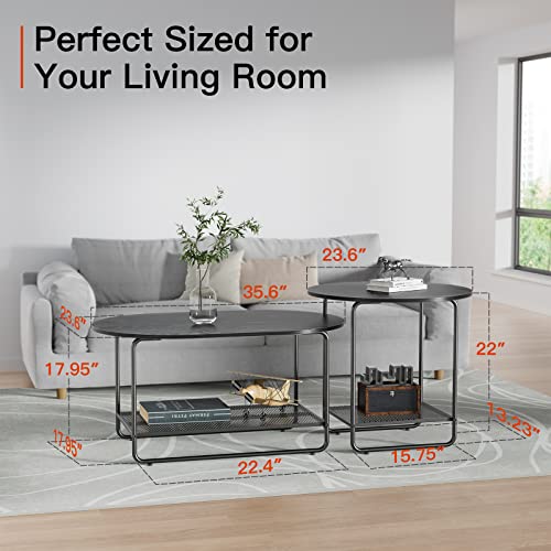 Amada Coffee Table Set, 2-Tier Center Table with Open Shelf and Metal Frame, Modern Round Coffee Table for Living Room, Set of 2, AMCT2B