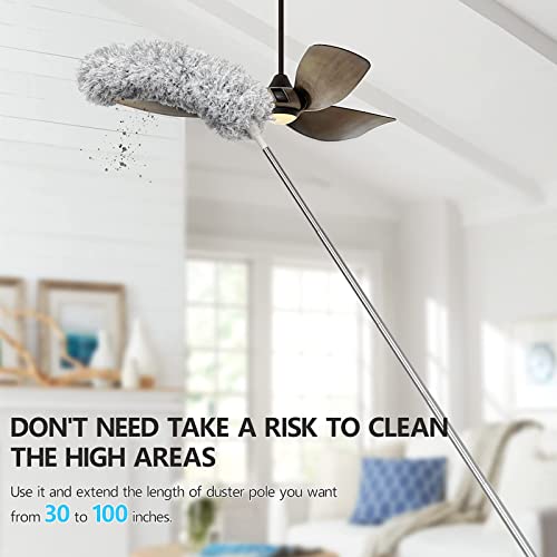 Clonynix Microfiber Feather Duster with Telescopic 30"-100" Long Stainless Steel Pole & Bendable Head, Washable Duster for Cleaning Interior Roof,High Ceiling Fan, Blinds, Furniture & Cars